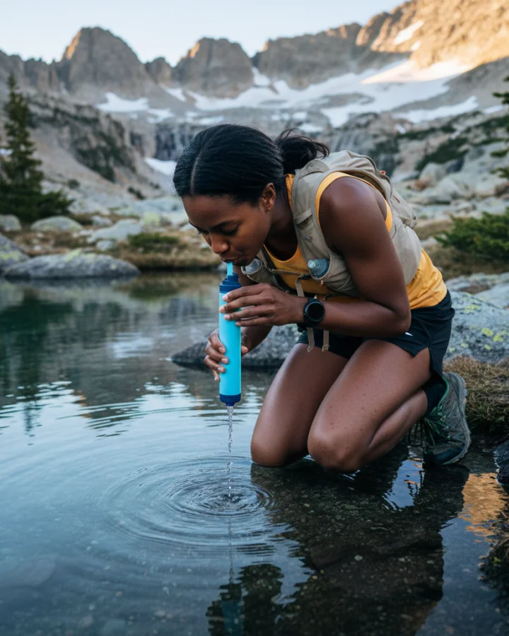 A person drinking through the KARST filter straw at a crystal clear alpine tarn