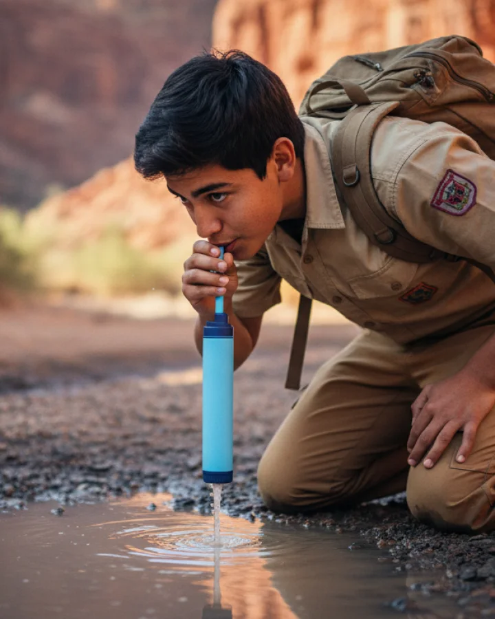 A person drinking through the KARST filter straw at a muddy desert wadi