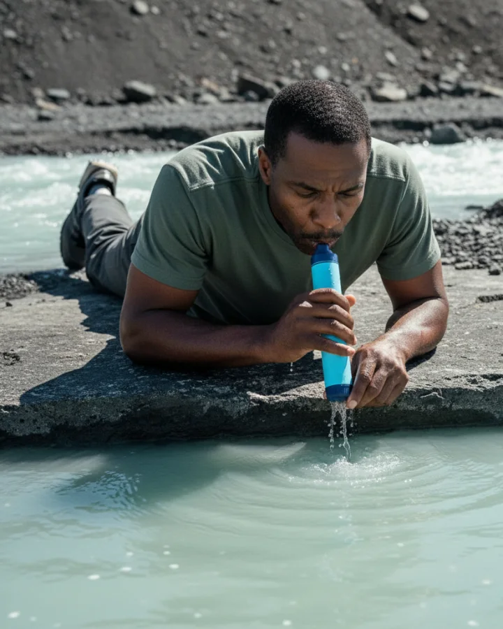 A person drinking through the KARST filter straw at a silty glacial outwash