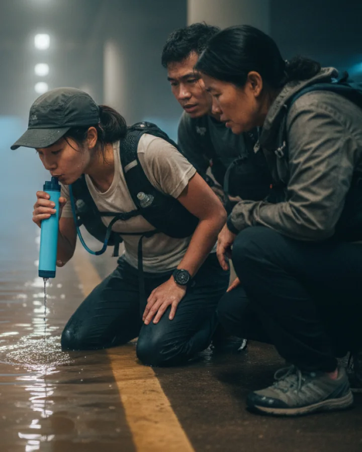 A person drinking through the KARST filter straw at a flooded city underpass