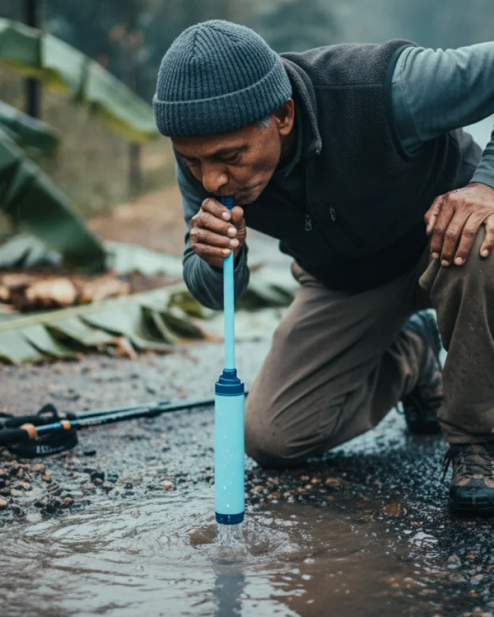 A person drinking through the KARST filter straw at a monsoon roadside ditch