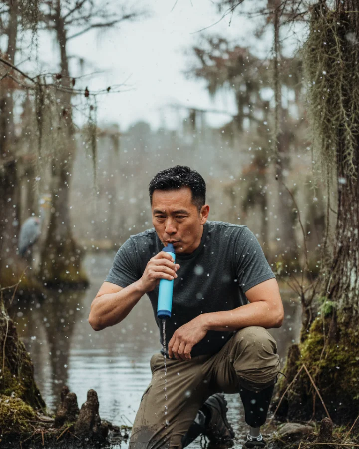 A person drinking through the KARST filter straw at a blackwater cypress swamp