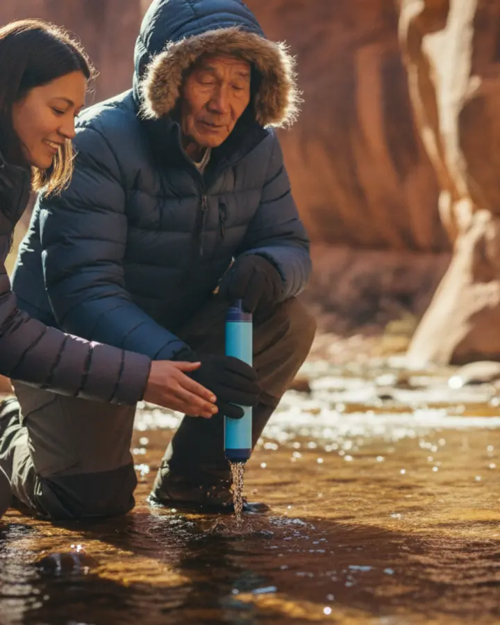 A person drinking through the KARST filter straw at a pristine canyon creek
