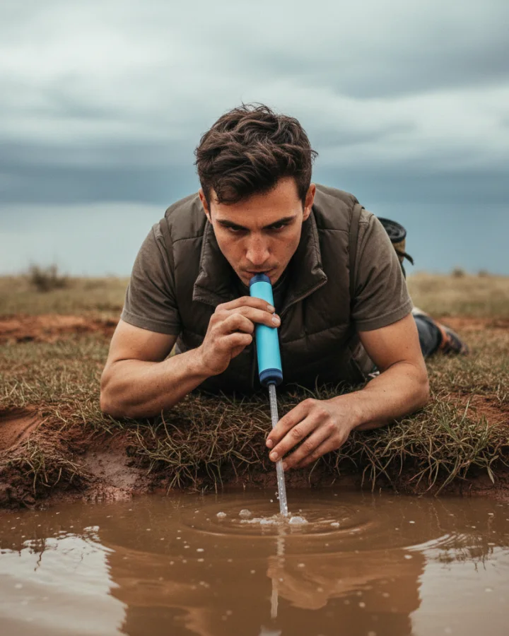 A person drinking through the KARST filter straw at a muddy ranch stock