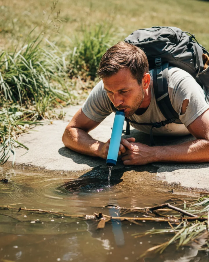 A person drinking through the KARST filter straw at a flood swollen suburban creek