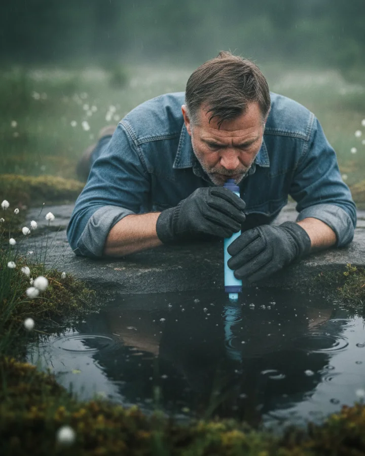 A person drinking through the KARST filter straw at a peat bog pool