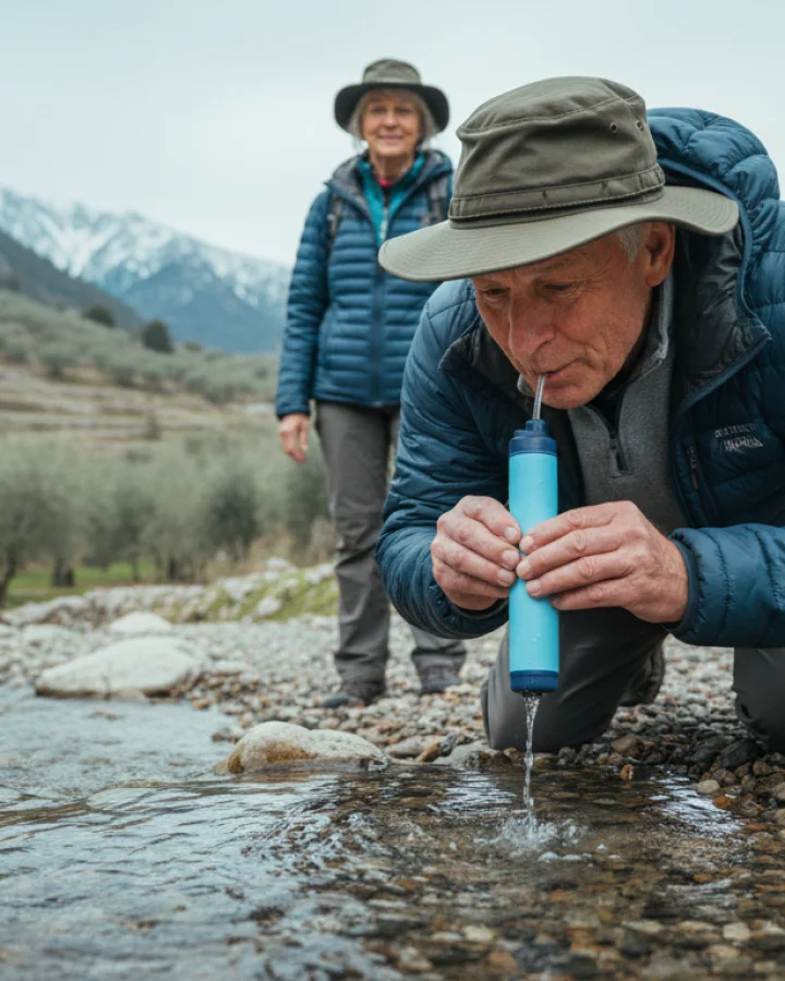 A person drinking through the KARST filter straw at a mediterranean mountain spring