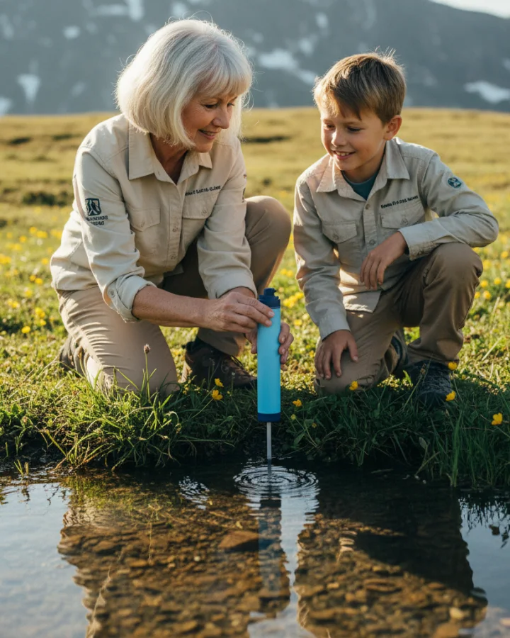 A person drinking through the KARST filter straw at a clear high meadow spring