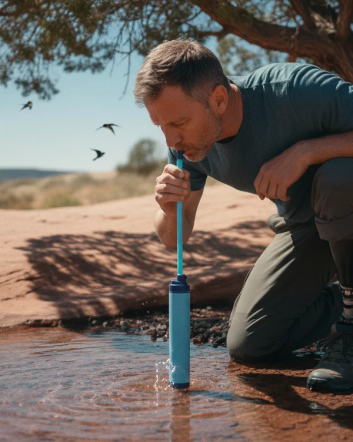 A person drinking through the KARST filter straw at a clear desert spring