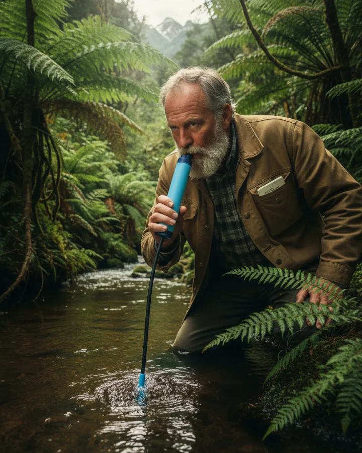 A person drinking through the KARST filter straw at a tea brown rainforest stream
