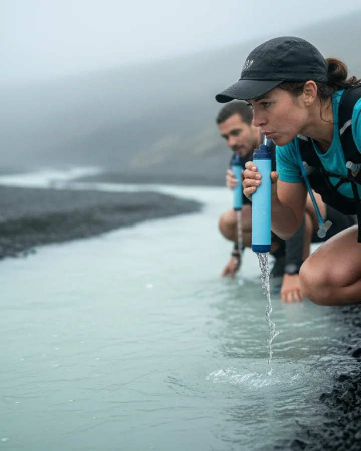 A person drinking through the KARST filter straw at a silty glacial outwash