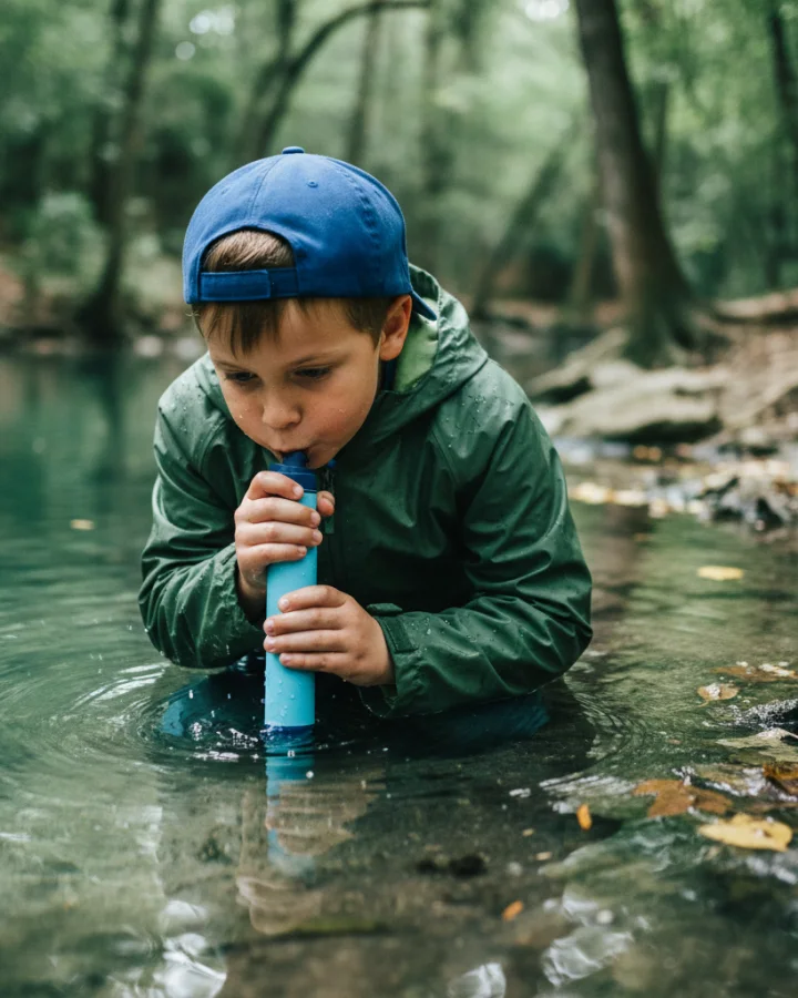 A person drinking through the KARST filter straw at a clear limestone spring