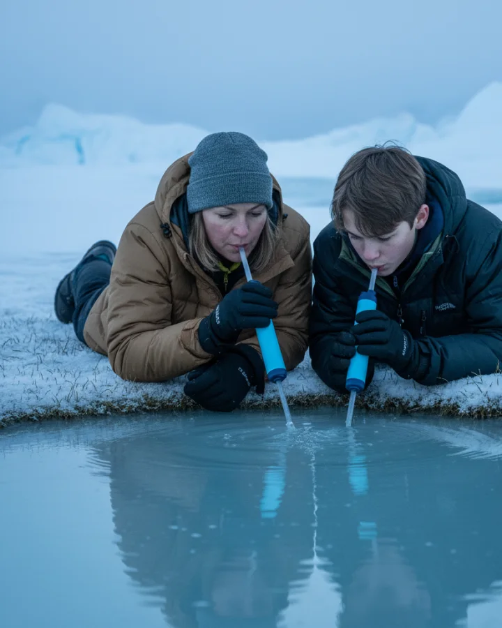 A person drinking through the KARST filter straw at a pristine arctic melt