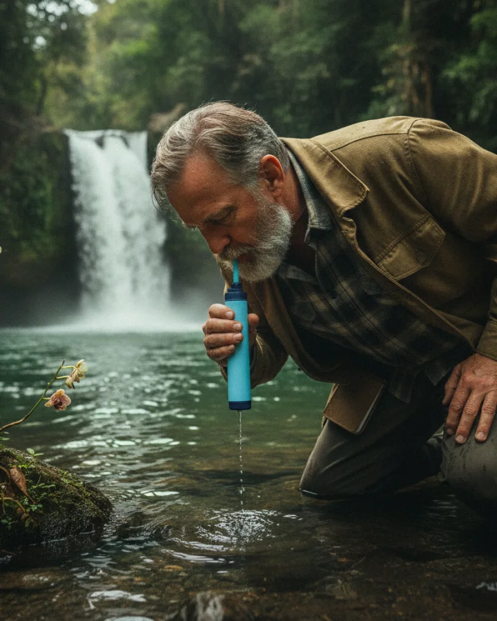 A person drinking through the KARST filter straw at a jungle waterfall plunge