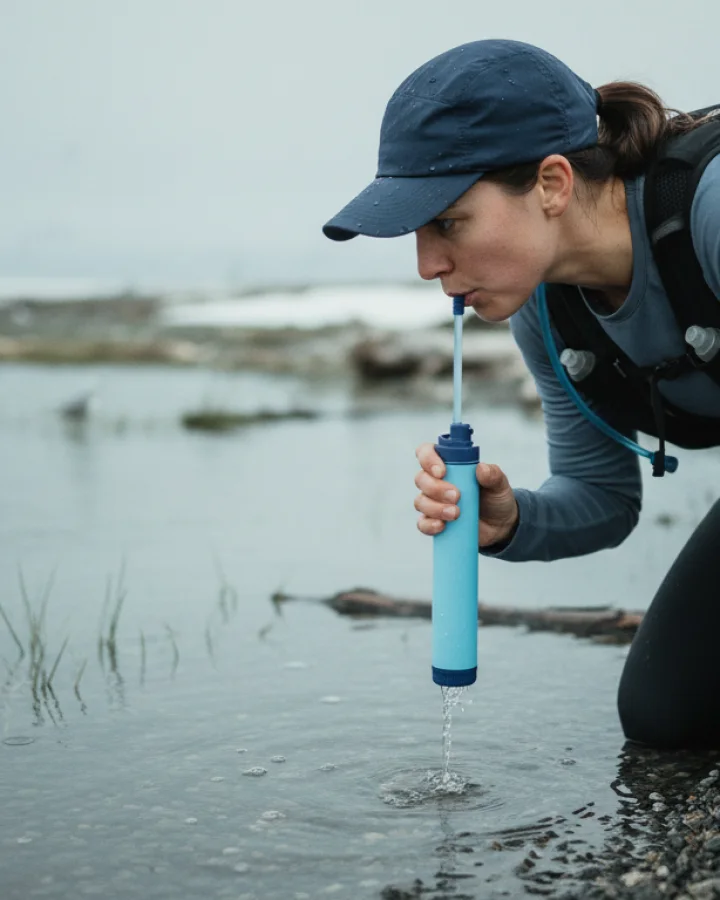 A person drinking through the KARST filter straw at a brackish coastal lagoon