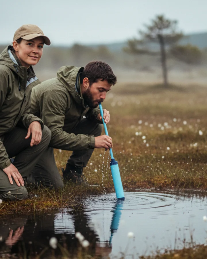 A person drinking through the KARST filter straw at a peat bog pool
