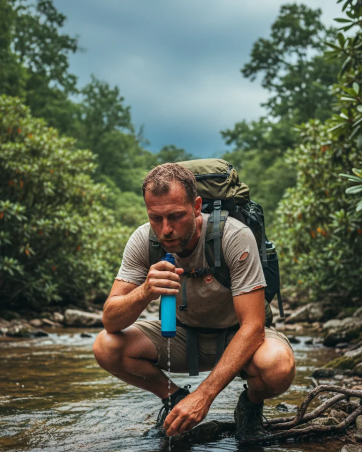 A person drinking through the KARST filter straw at a fast appalachian creek