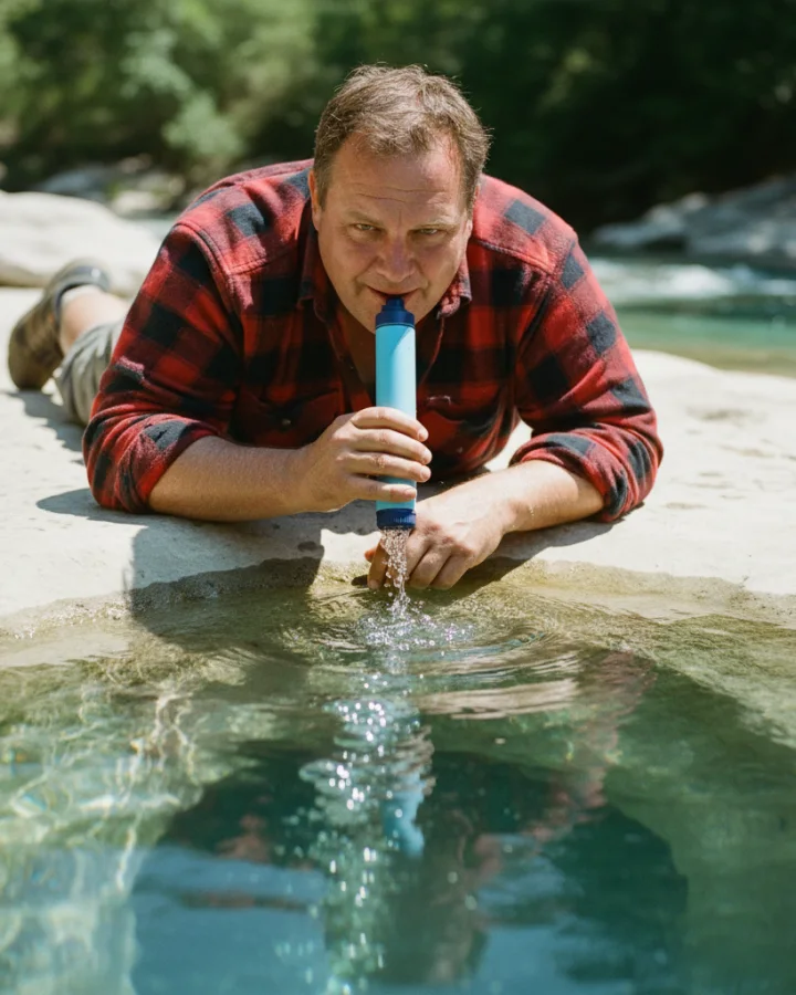 A person drinking through the KARST filter straw at a clear karst river