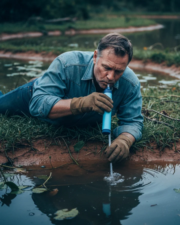 A person drinking through the KARST filter straw at a clay colored jungle oxbow