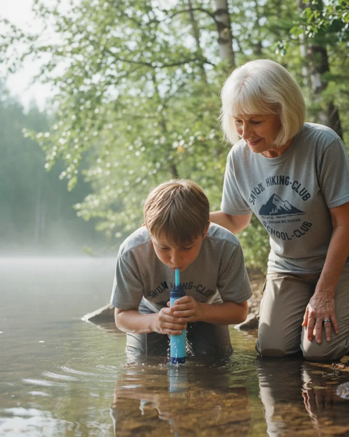 A person drinking through the KARST filter straw at a clear scandinavian forest
