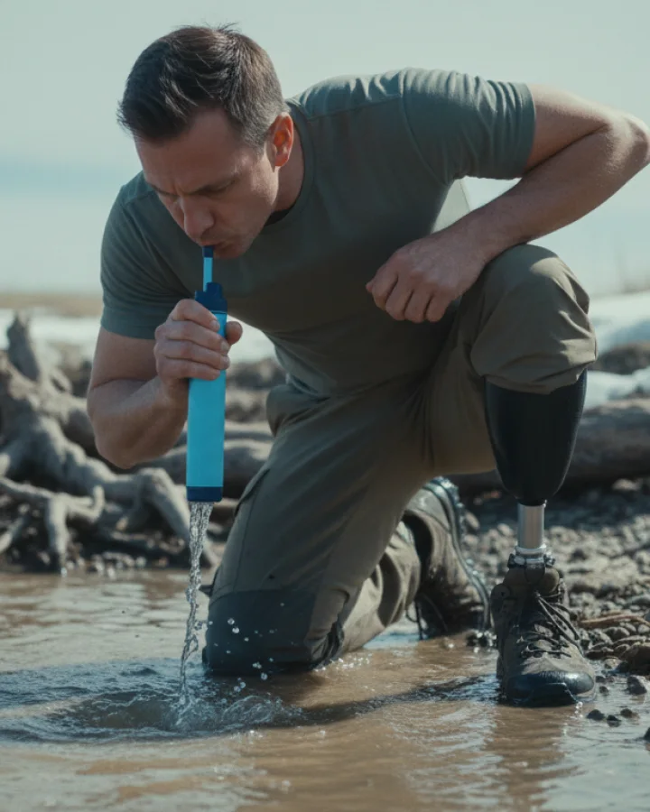 A person drinking through the KARST filter straw at a muddy prairie creek