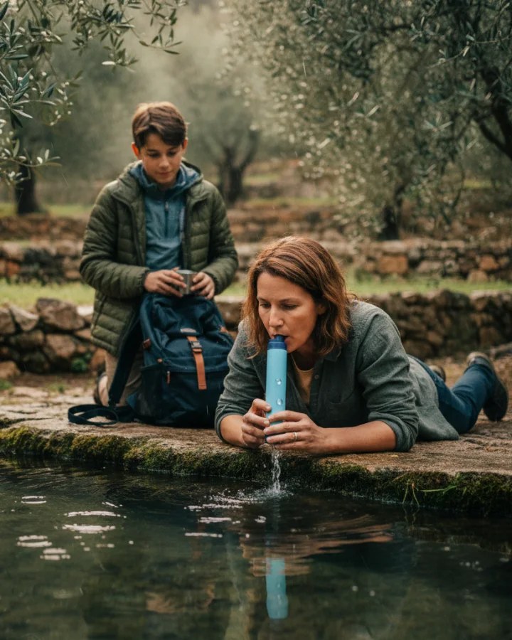 A person drinking through the KARST filter straw at a mediterranean mountain spring