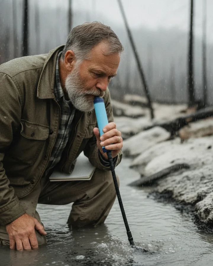 A person drinking through the KARST filter straw at a turbid post fire creek