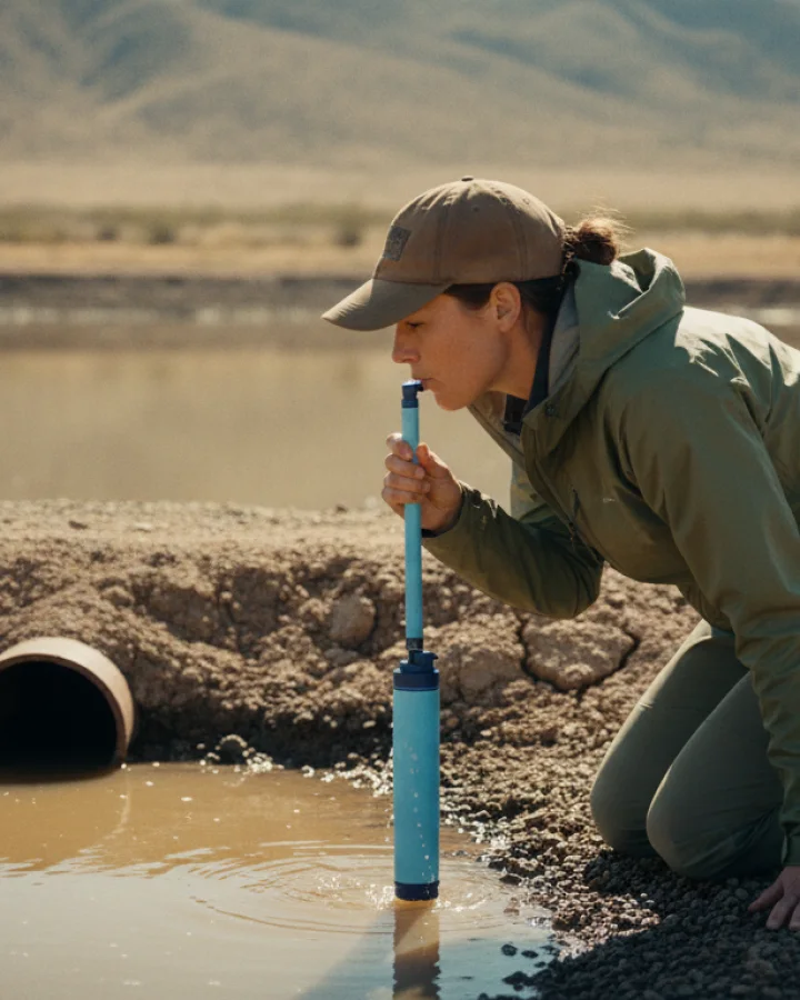 A person drinking through the KARST filter straw at a brown irrigation reservoir