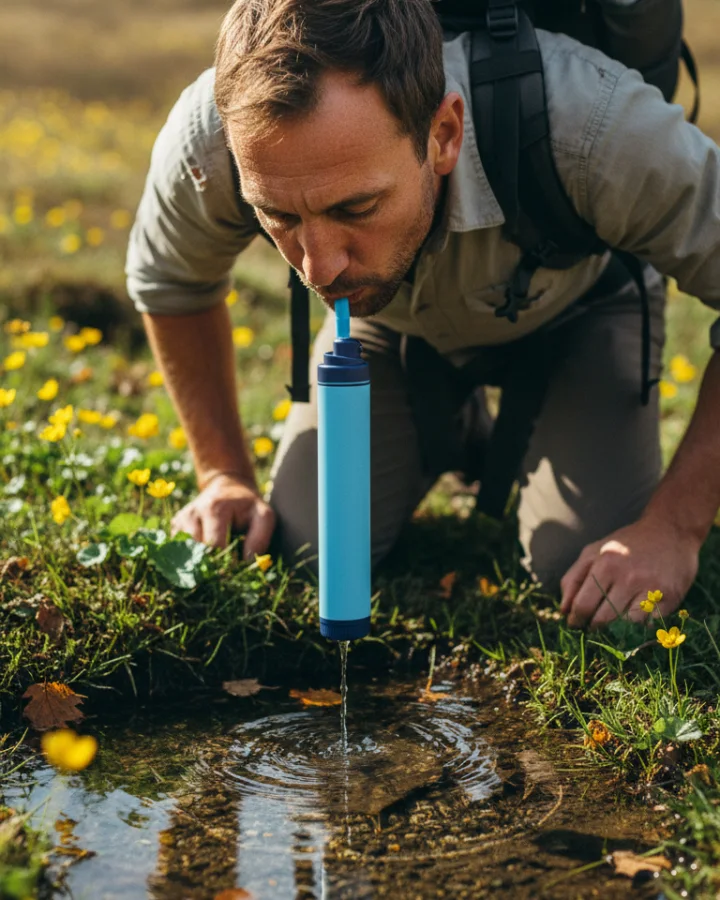 A person drinking through the KARST filter straw at a clear high meadow spring