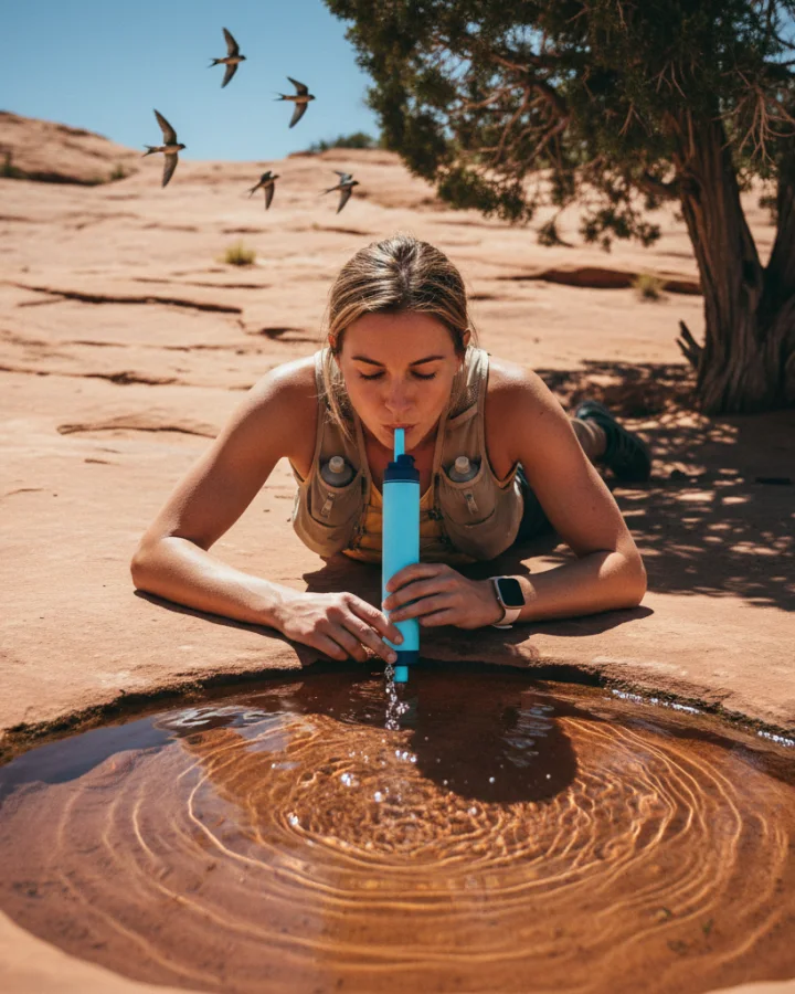 A person drinking through the KARST filter straw at a clear desert spring